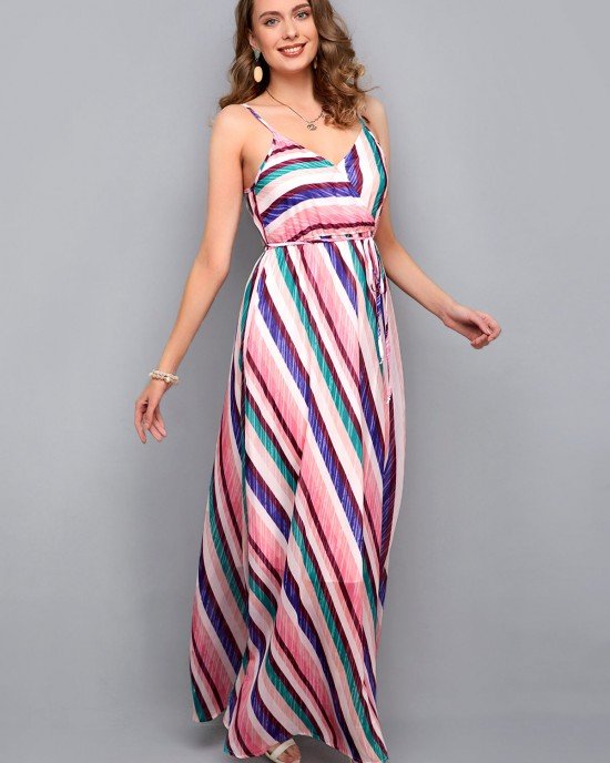 Sleeveless Drawstring Waist Striped Print Maxi Dress