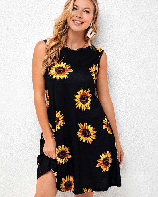 Printed Round Neck A Line Dress