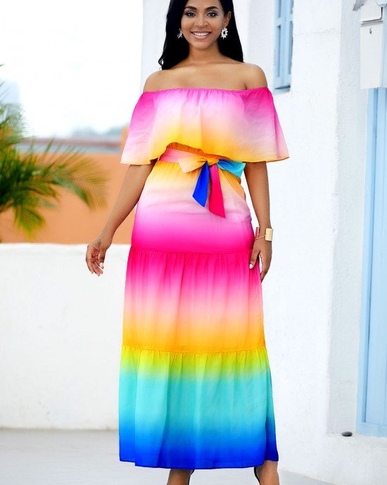 Ruffle Overlay Rainbow Color Printed Maxi Dress