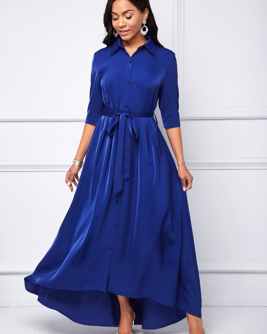 Button Up Turndown Collar Belted High Low Dress