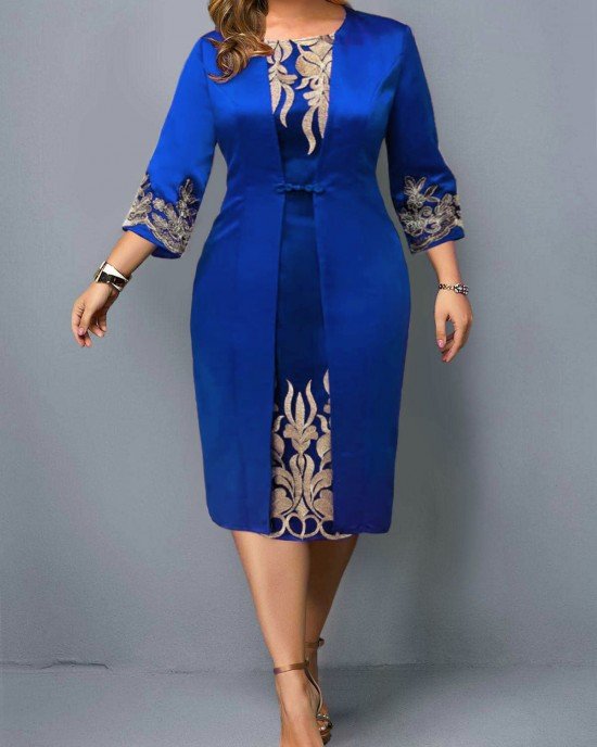 3/4 Sleeve Round Neck Embroidered Dress