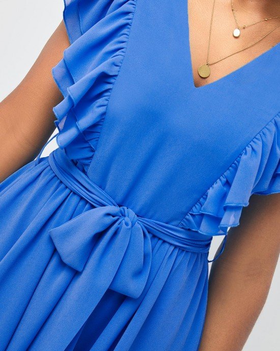 Blue Asymmetric Hem Belted V Neck Dress