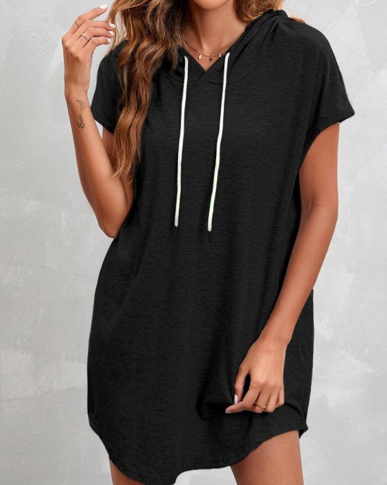 Drawstring Short Sleeve Black Hooded Collar Dress