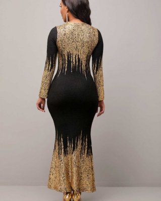 Ombre Long Sleeve Golden Mermaid Dress