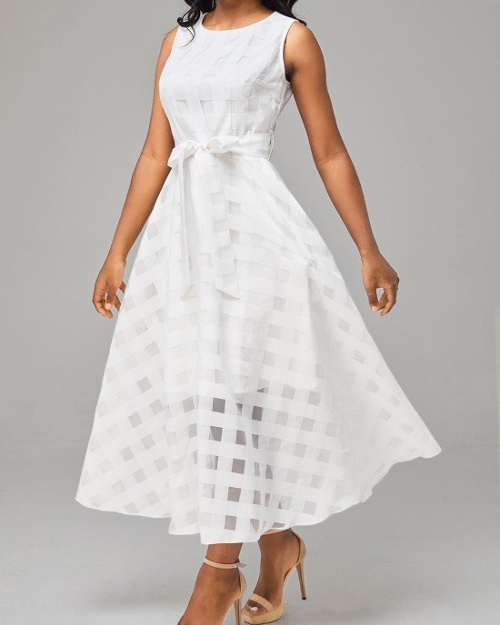 White Mesh Belted Sleeveless Round Neck Dress