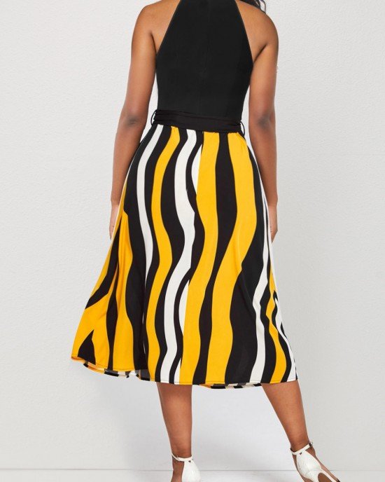 Bib Neck Color Block Striped Belted Dress