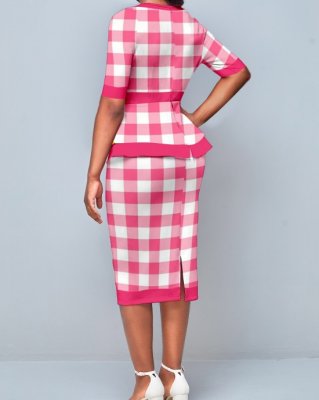 Pink Plaid Round Neck Bodycon Dress