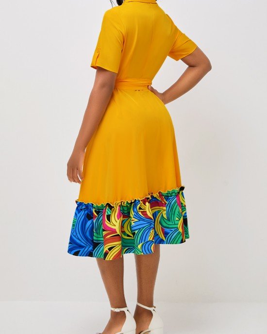 Yellow Short Sleeve Belted Turndown Collar Dress