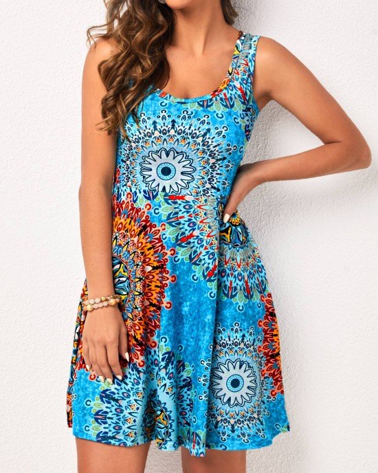 Wide Strap Sky Blue Tribal Print Dress