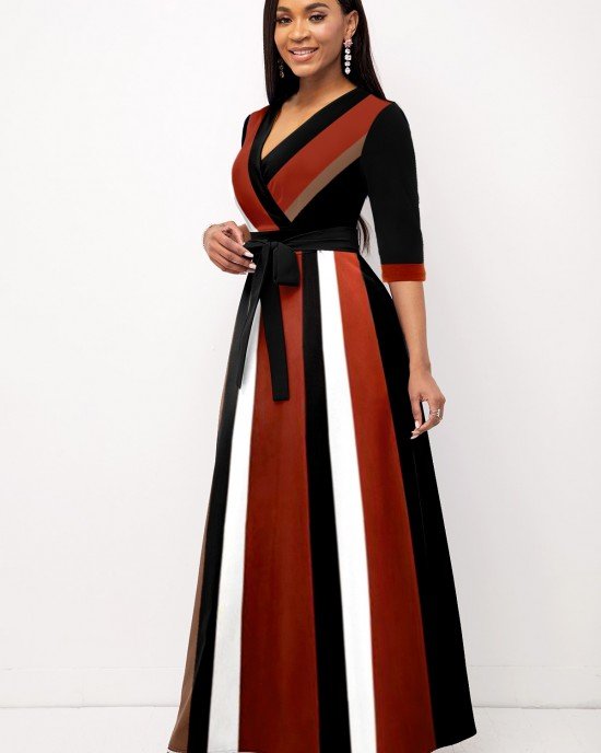 Striped Surplice Belted Dark Coffee Dress