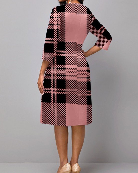 Pink 3/4 Sleeve Plaid Faux Two Piece Dress