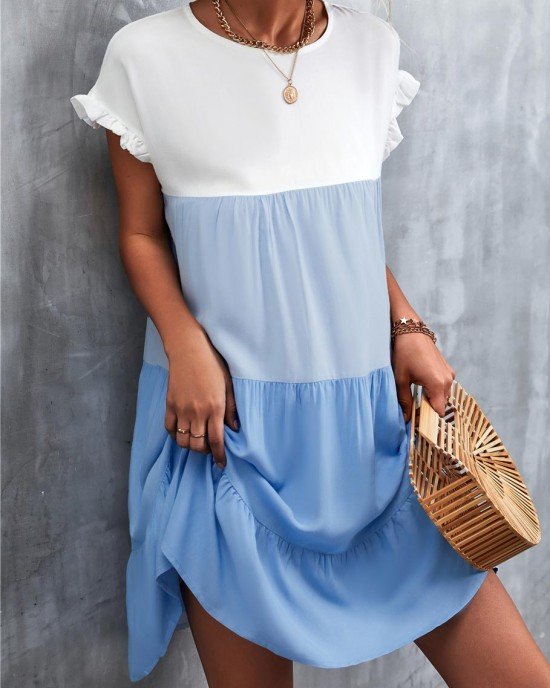 Contrast Short Sleeve Round Neck Dress