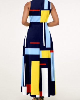 Navy Blue Notch Collar Geometric Print Dress