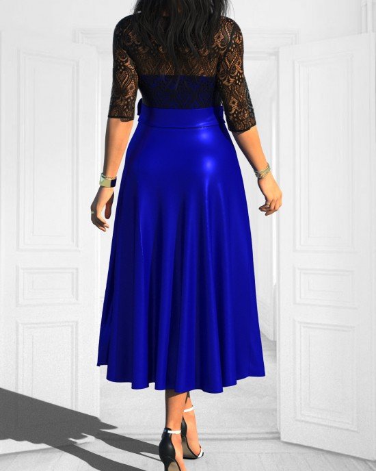 Bowknot Lace Stitching Royal Blue Belted Dress