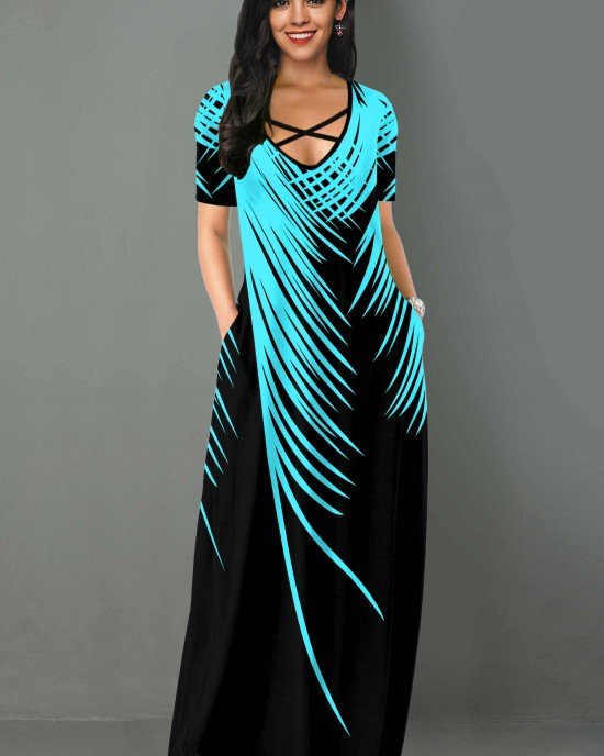 Palm Leaf Print Side Pocket Maxi Dress