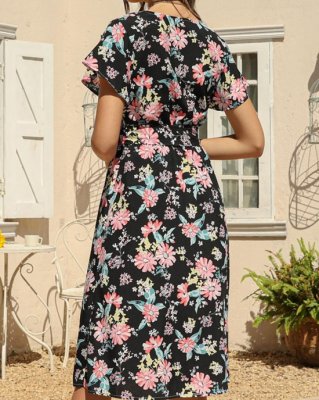 Black Belted Floral Print Cross Front Dress