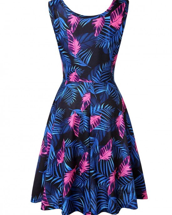 Blue Leaf Print Sleeveless Round Neck Dress