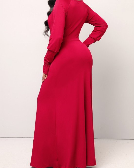 Wine Red Round Neck Long Sleeve Maxi Dress