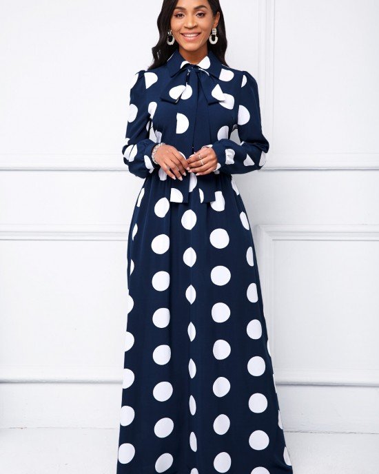 Long Sleeve Turndown Collar Polka Dot Dress