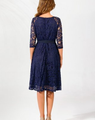 Navy Blue Belted Lace 3/4 Sleeve Dress