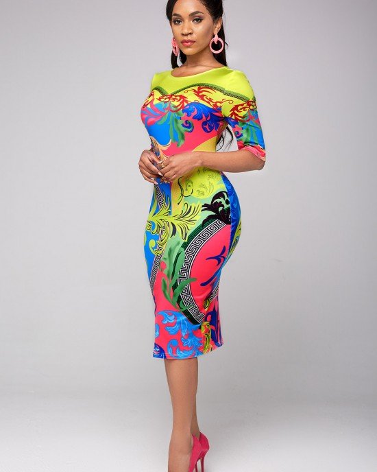 Half Sleeve Tribal Print Round Neck Dress