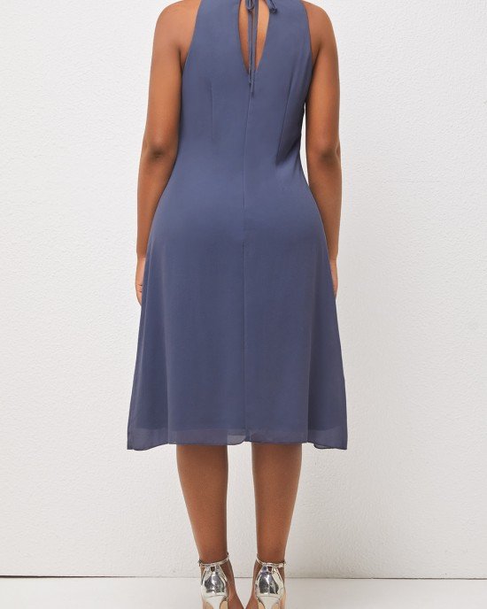 Flounce Bib Neck Dusty Blue Cutout Dress