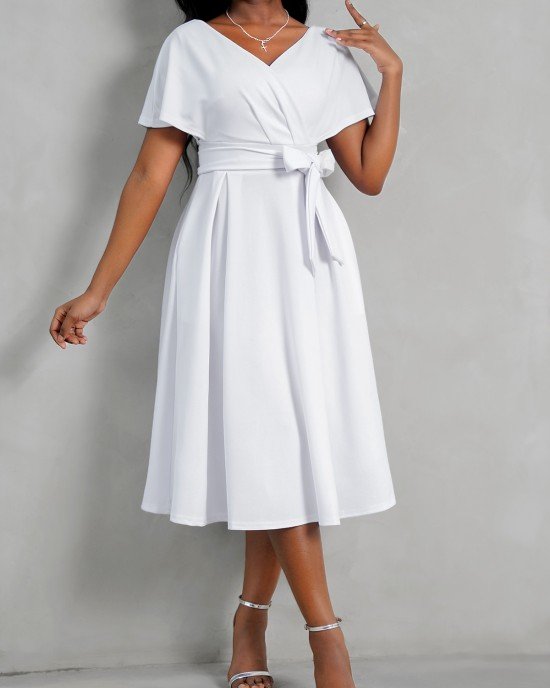 Short Sleeve V Neck Belted Dress