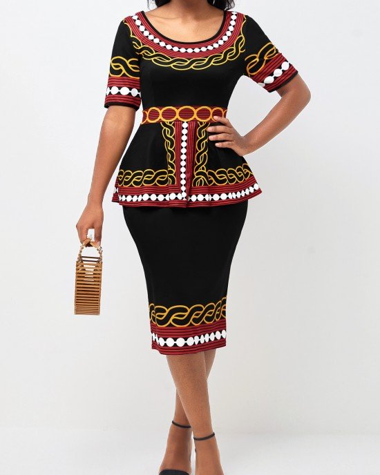 Tribal Print Round Neck Deep Red Peplum Waist Dress