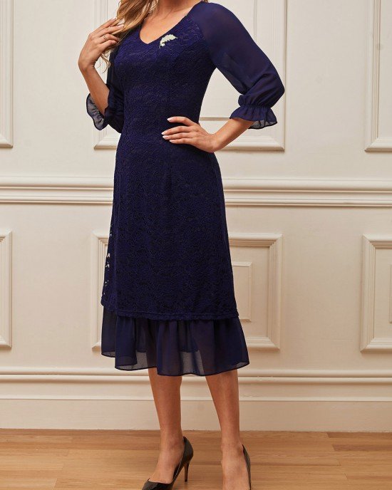 Navy Blue Lace Patchwork V Neck Dress