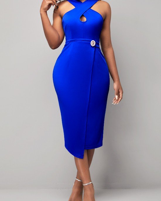 Sleeveless Royal Blue Criss Cross Neck Dress