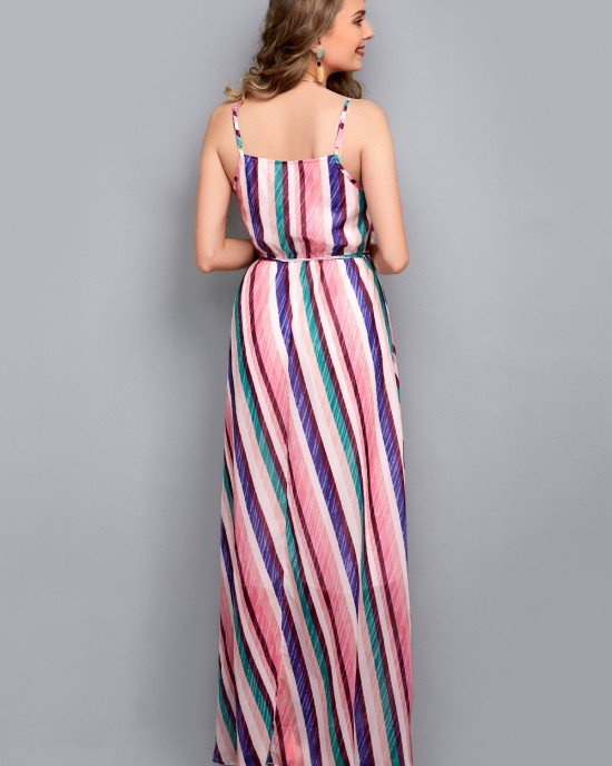 Sleeveless Drawstring Waist Striped Print Maxi Dress