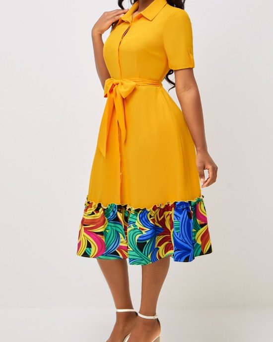 Yellow Short Sleeve Belted Turndown Collar Dress