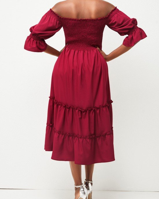 Wine Red Smocked Off Shoulder Valentines Dress