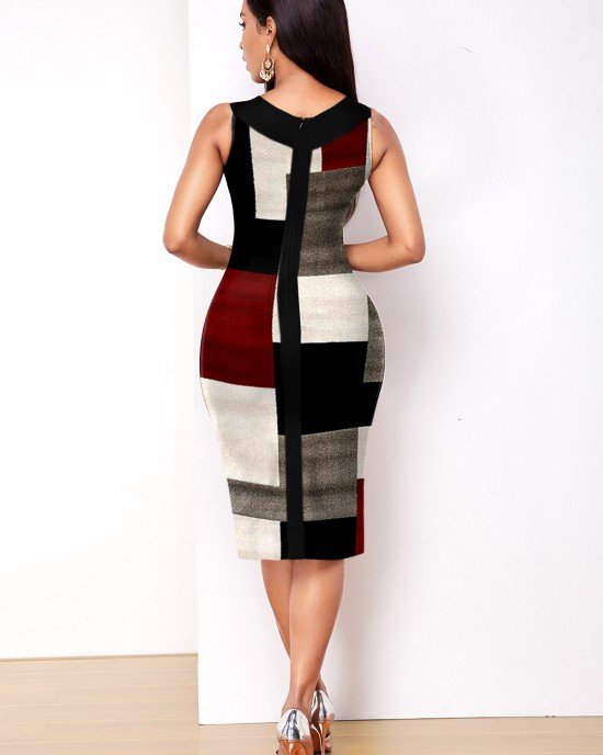 V Neck Geometric Print Sleeveless Dress