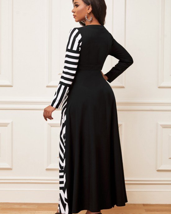 Geometric Print Long Sleeve Black Maxi Dress