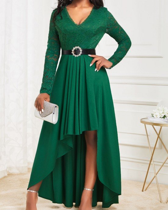 Green High Low V Neck Lace Dress