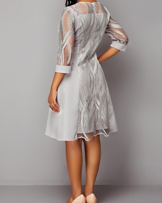 Lace Panel 3/4 Sleeve Light Grey Dress