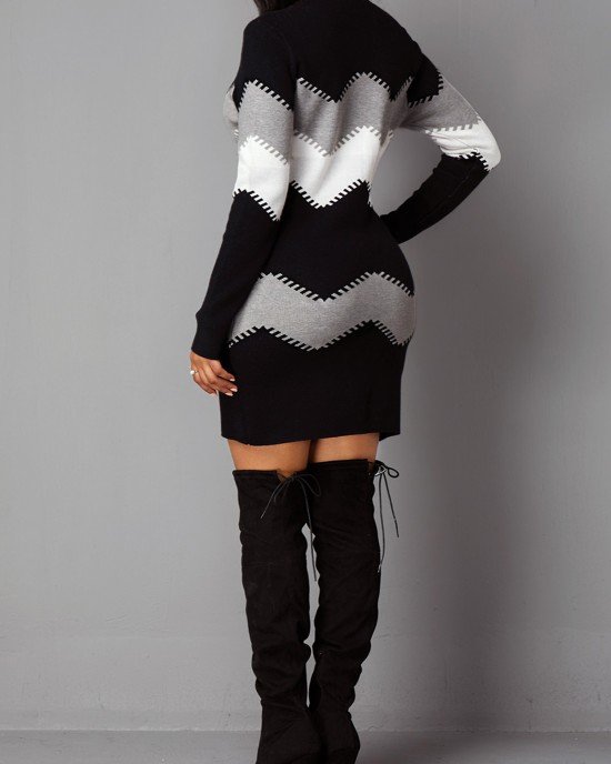 Mock Neck Long Sleeve Chevron Pattern Sweater Dress