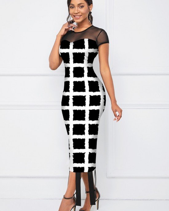 Checkered Short Sleeve Round Neck Dress