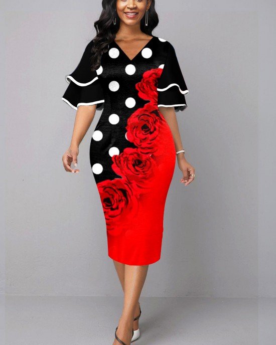 Polka Dot Layered Bell Sleeve Color Block Dress