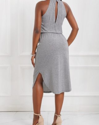 Light Grey Sleeveless Drawstring Waist Dress