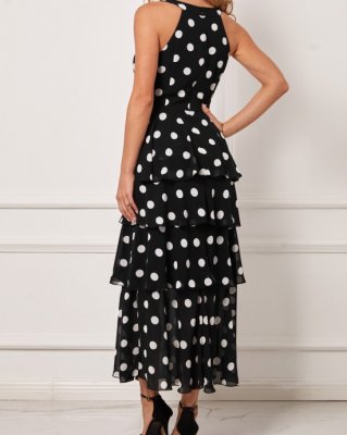 Polka Dot Layered Hem Black Bib Neck Dress