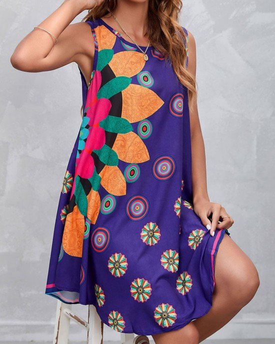 Floral Print Spaghetti Strap Purple Dress