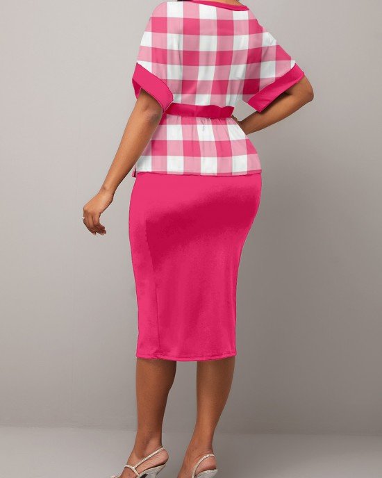 Round Neck Peplum Waist Rose Pink Plaid Dress