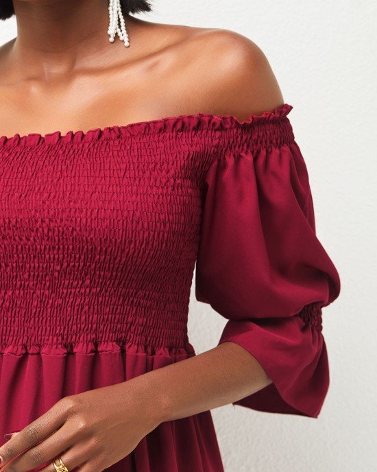 Wine Red Smocked Off Shoulder Valentines Dress