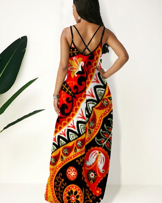 Side Pocket Tribal Print Spaghetti Strap Maxi Dress