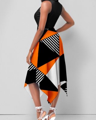 Color Block Geometric Print Asymmetric Hem Dress