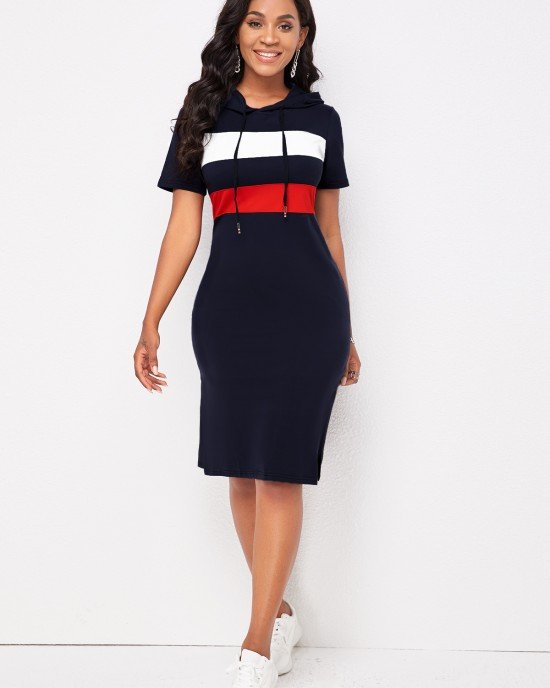 Short Sleeve Hooded Collar Striped Dress