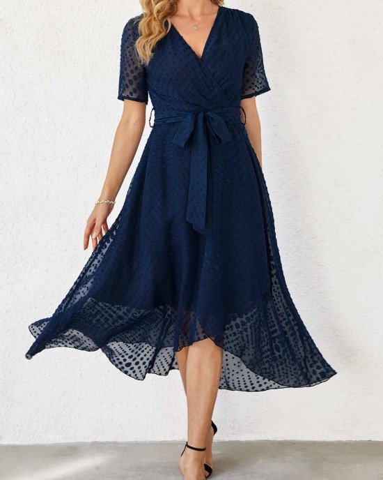 Chiffon Cut Flowers Belted Navy Blue Dress