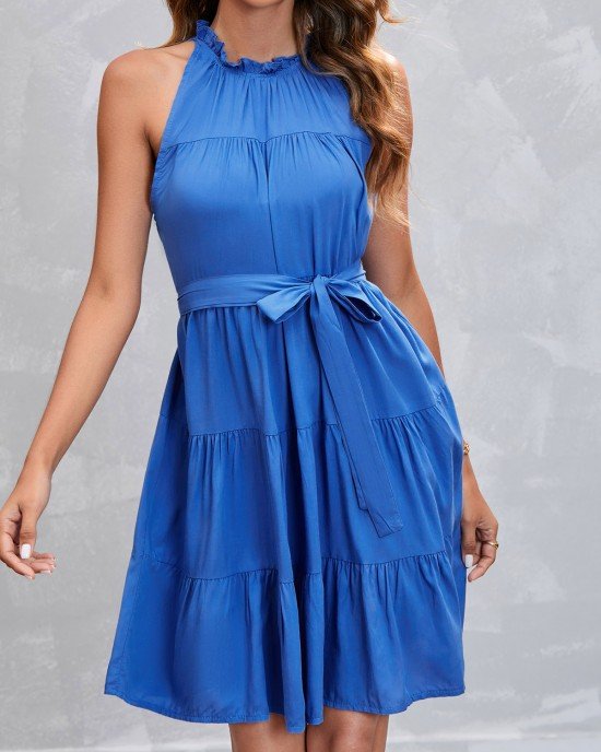 Royal Blue Tie Back Sleeveless Belted Dress